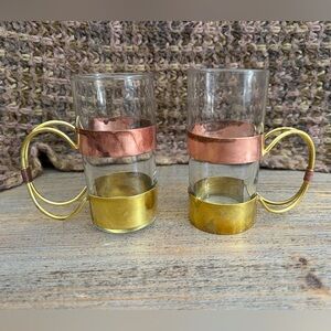 Pair Vintage Used Glass Copper/Brass Handle Irish Coffee/Drinking Glasses Mugs